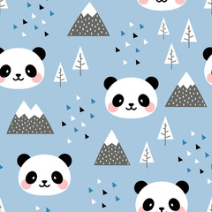 Panda Seamless Pattern Background, Scandinavian Happy cute panda in the forest between mountain tree and cloud, Cartoon Panda Bears Vector illustration for kids nordic background with triangle dots
