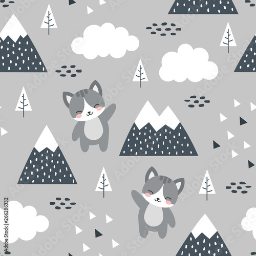 Cotton fabric Cat Seamless Pattern Background, Scandinavian Happy cute kitty in the forest between mountain tree and cloud, cartoon kitten vector illustration for kids nordic background with triangle dots