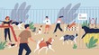© Good Studio - Happy smiling people playing with dogs at playground. Cute funny men and women walking and training domestic animals. Pets and their owners at city park. Flat cartoon colorful vector illustration.