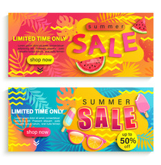 Wall Mural - Set of summer sale banners, flyers. Promote up to 50 per cent price off and limited time discounts. Invitation for new mid and end of season offers. Template for your design in shops, stores, retails.