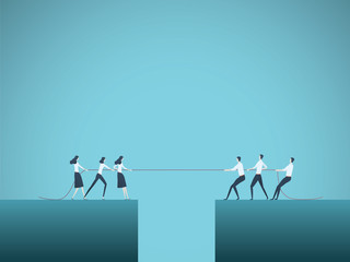 Wall Mural - Business competition vector concept with teams in tug of war pulling rope over gap, abyss. Symbol of competitive fight, struggle, challenge for leadership.