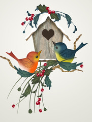 Poster - illustration of bird house in winter