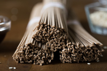 Uncooked soba noodles on the table