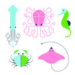 Five flat graphic vector sea creatures, including Octopus, Squid, Seahorse, Crab and Stingray