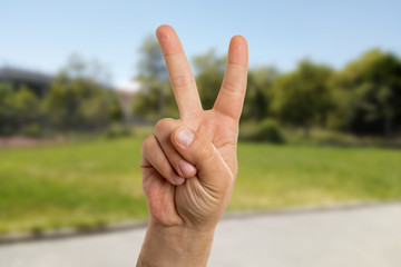 Closeup of man making peace or victory gesture