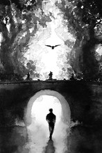 Original Hand Drawn Ink Painting Of A Person Walking Alone Under A Bridge Surrounded By Trees With A Lonely Bird Flying Overhead. Black And White