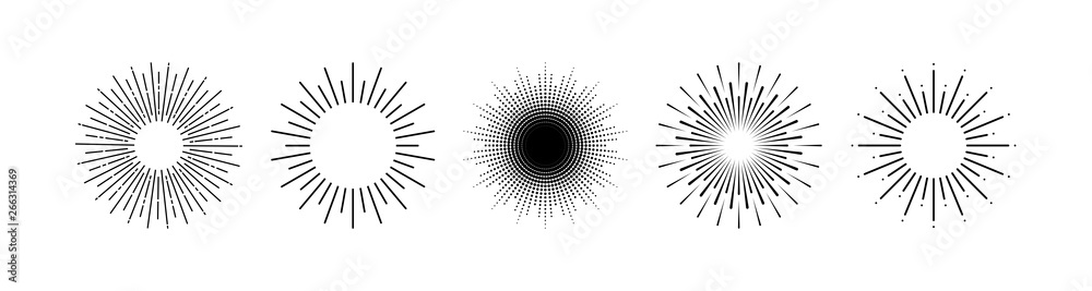 Collection Sun rays black icons isolated on white background - obrazy, fototapety, plakaty 