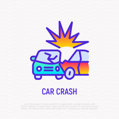 Car accident thin line icon: two cars are crashed each other. Modern vector illustration.