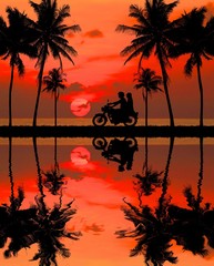 Wall Mural - silhouette of lover couple in sunset with classic motorcycle