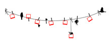 Vector Isolated Clothesline With Photo Frames And Birds. 
