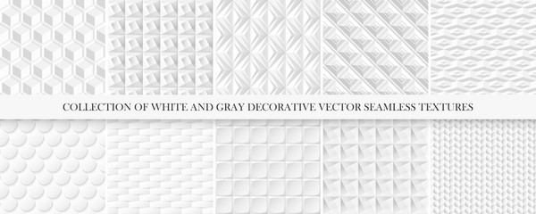 Wall Mural - Collection of white and gray tile seamless decorative textures. Geometric repeatable backgrounds. Vector 3d patterns.