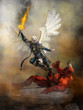 The archangel Michael wearing blue armed and with white feather wings spread holds a flaming sword as he flies into Satan who lays defeated upon a rocky ground raising a hand in defeat. 3D Rendering