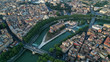 Aerial view of hospital on the Tiber Island, on the Tiber River, Rome, Italy. Coliseum.
