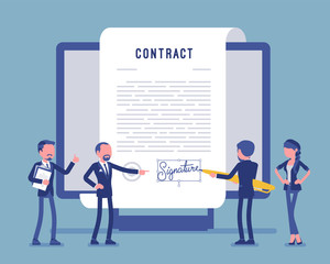 Wall Mural - Electronic document signature, contract page on screen. Business people sign official paper, formal agreement, businessman with giant pen putting name. Vector illustration, faceless characters