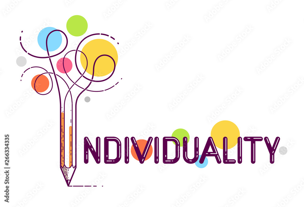 Individual word with pencil instead of letter I, individuality and personality concept, vector conceptual creative logo or poster made with special font. - obrazy, fototapety, plakaty 