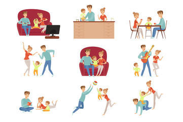 Mom, dad and their little son spending time together set, happy family and parenting concept vector Illustration on a white background