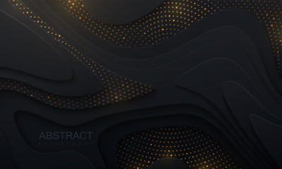 Poster - Black paper cut background. Abstract realistic papercut decoration with wavy layers and golden glitters. 3d topography relief. Vector topographic illustration. Cover layout template.