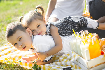 Kids having fun outdoors. Little boy and girl playing on picnic. Cheerful children together.