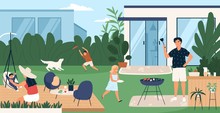 Happy Family Spending Time In Backyard. Mother, Father And Children Performing Recreational Activities In Garden. Parents And Kids At Barbecue Party Or Picnic. Flat Cartoon Vector Illustration.