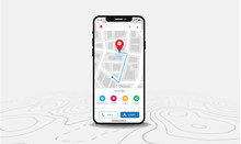 Map GPS Navigation, Smartphone Map Application And Red Pinpoint On Screen, App Search Map Navigation, Isolated On Line Maps Background, Vector