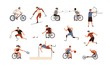 Collection of male and female paralympic athletes isolated on white background. Bundle of disabled people with prosthetic limbs performing sports activities. Flat cartoon vector illustration.
