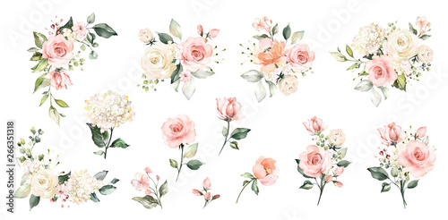 Set watercolor arrangements with roses. collection garden pink flowers, leave...