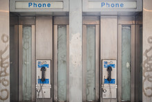 NEW YORK, USA - FEBRUARY 23, 2018: Old Phone Booths On The Streets Of Manhattan