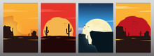 Set Of Wild West Landscapes With Mountains And Cactus. Sunset At The Texas. Vector Illustration.