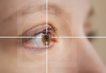 Sticker - laser surgery concept close up of female eye with light flares