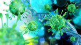 Fototapeta Kuchnia - Virus closeup on DNA background, scientific background with DNA and virus, 3d rendering