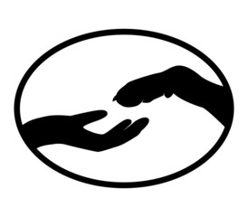 Vector illustration, human hand with palm up and dog paw. Stretching to each other, in an oval edging, in black and white. An image of a personalizing man and animal friendship.