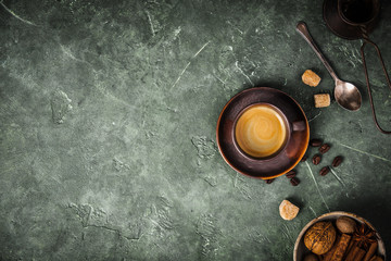 Canvas Print - Coffee, flowers and spices on old green background