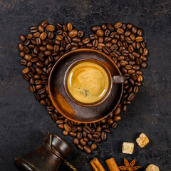 Wall Mural - Coffee beans in shape of heart and espresso