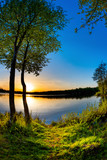 Fototapeta Łazienka - Lake with trees at sunset on a beautiful summer evening
