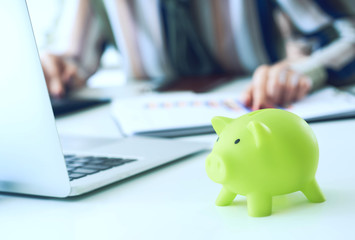 Wall Mural - Woman's hand pointing on summary report chart and calculate finance in office close-up. Calculator, green Piggy Bank, Laptop, business chart and graph document on desk. Debt.