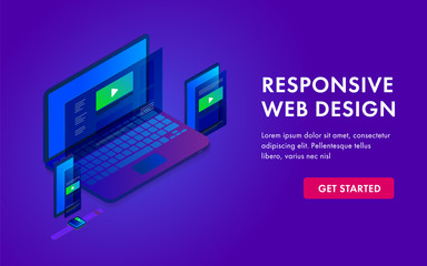 responsive website isometric 3d lending template page in electronic devices - laptop, tablet, smartp
