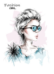 Wall Mural - Hand drawn beautiful young woman in sunglasses. Stylish girl with short blonde hair. Fashion woman look. Sketch. Vector illustration.