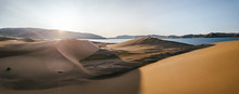 Panorama Of Sand Dunes Beside A Lake At Sunset, Mongolia, Khar Nuur Lake