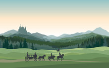 Castle, Carriage, Knight. Mountains Landscape. Rural Background