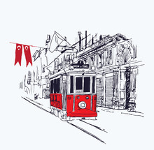 Digital Illustration Of The Nostalgic Red Tram In Istiklal Avenue, Istanbul