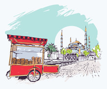 Digital Illustration Of The Blue Mosque And Simit Vendor Cart In Istanbul