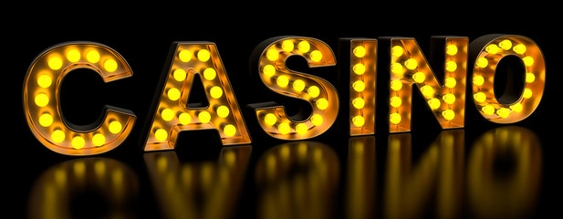 Casino signboard from golden light bulb letters, retro glowing font. 3D rendering