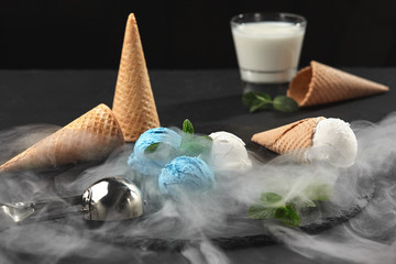 Wall Mural - Close-up shot of a creamy and blueberry ice cream served on a dark slate, black background.