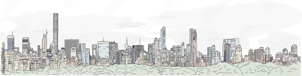 Hand drawn illustration. Color panoramic view of the New York City ...