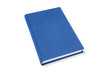 Blue lying hardcover book isolated, perspective view. Cover made of natural linen fabric with uneven rough texture.