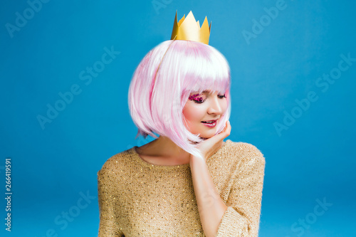 Stylish Charming Young Woman With Cut Pink Hair On Blue Background