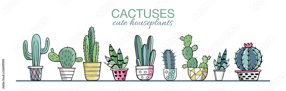 Vector set of colorful cactus plants in colored pots with outlines. Exotic and Tropical Plants - Cacti for design isolated on white background. Hand drawn cactus for design. Vector EPS10 - obrazy, fototapety, plakaty 