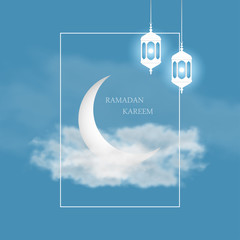 Aufkleber - Ramadan Kareem greeting card with islamic crescent, arabic lantern Fanus and frame on sky background with clouds. Design for banner, poster. Vector.
