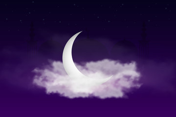 Aufkleber - Ramadan Kareem background with islamic crescent, mosque and sky with clouds. Design for banner of the holy month of Ramadan Kareem. Vector. 