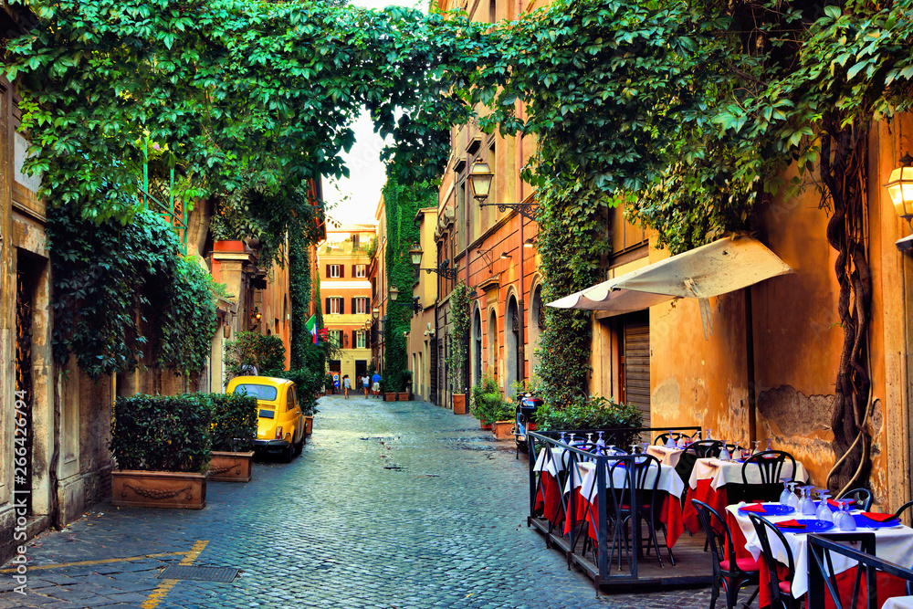 Beautiful ancient street in Rome lined with leafy vines and cafe tables, Italy - obrazy, fototapety, plakaty 